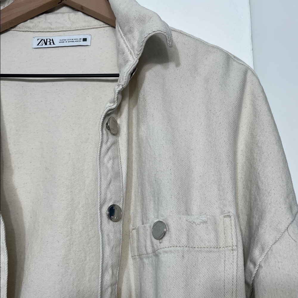 Zara Denim Cream Button-Up Distressed Jacket - Picture 3 of 11